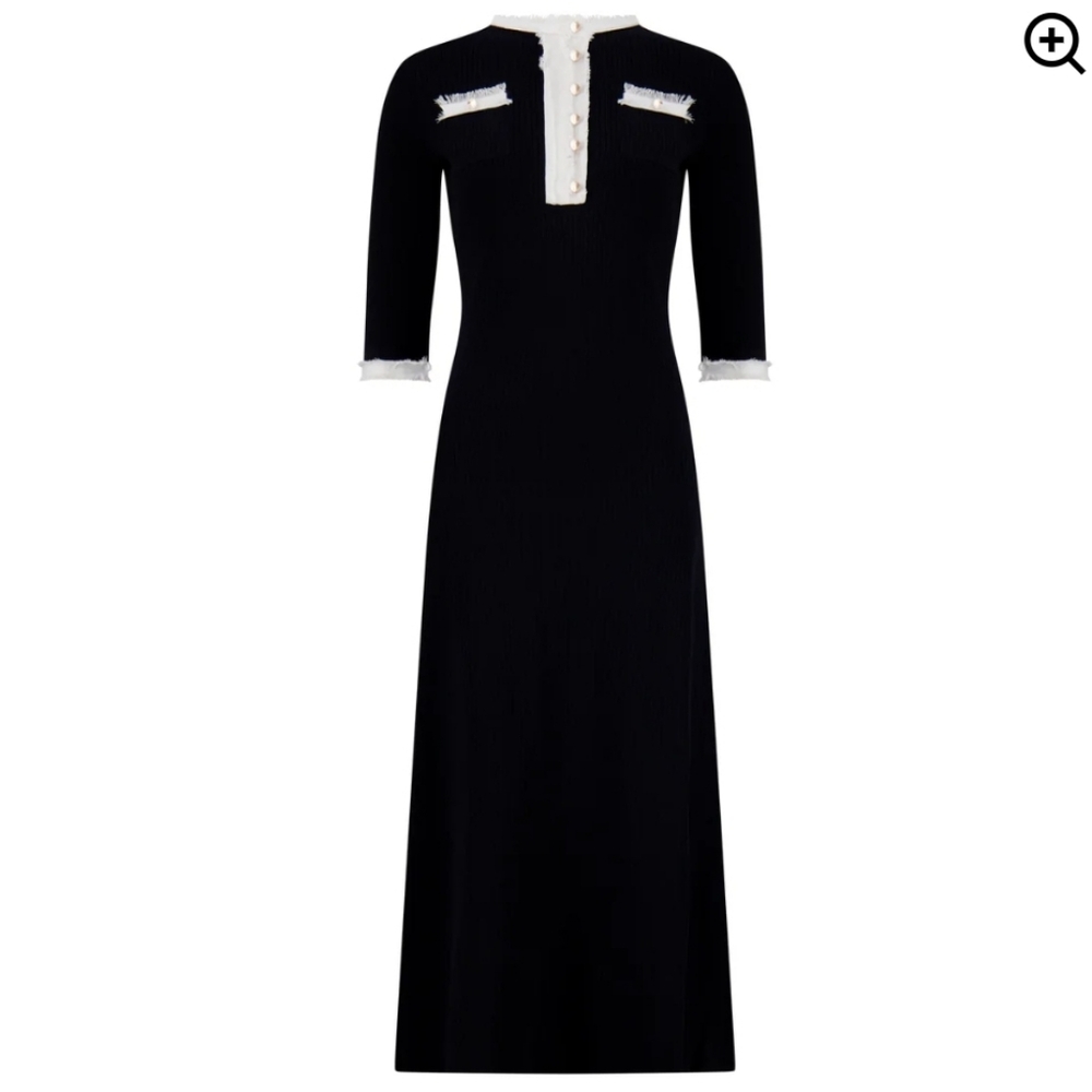 Aleeza Paris Textured Knit Dress In Black/White Full Length Size Med Gold Detail